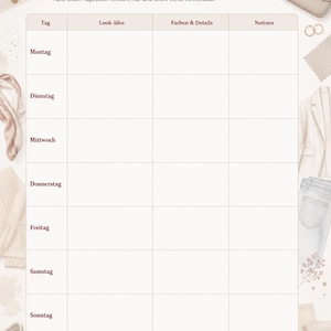 Könnte beinhalten: Ein Wochen-Lookplan in Burgunderrot mit dem Titel "Wochen-Lookplan". Er enthält Abschnitte für jeden Wochentag mit Platz für Look-Ideen, Farben, Details und Notizen. Accessoires wie eine Handtasche, Sonnenbrille und Schmuck sind abgebildet.