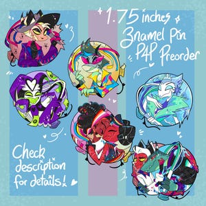 Pode incluir: Uma coleção de cinco pins de esmalte circulares com personagens de desenhos animados coloridos com cabelos e roupas vibrantes. O texto diz 1.75 inches enamel pin P4P Preorder e Check description for details. Inclui várias poses e expressões.