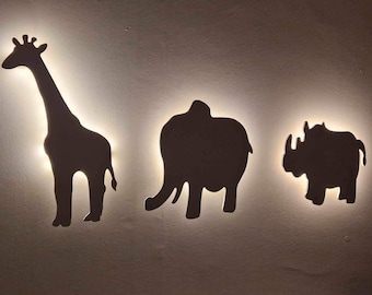 Wooden Animal Night Light Kids Light LED Stop Pull Cord Lighting Battery Powered Nursery Baby Lamp Safari Giraffe Elephant Rhino