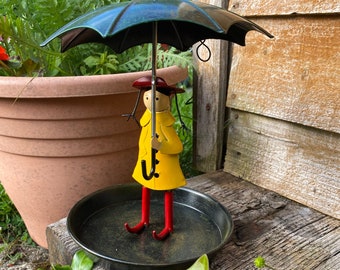 Metal Bird Feeder Hanging Girl Umbrella Rain Coat Yellow Feeding Display Wildlife Gift Garden Decor