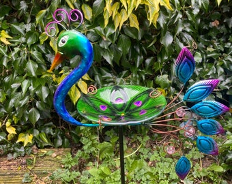 Glass Peacock Bird Bath Feeder Free Standing with Stake Feeding Display Wildlife Gift Garden Decor Decoration