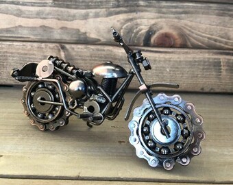 Motorbike Ornament Metal Sculpture Home Decor Dirt Bike Gift Scrambler Enthusiast Movable Nut Bolts Bronze Effect 21cm