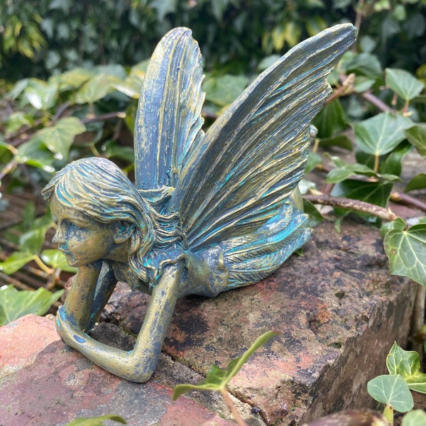 Distressed Laying Fairy Garden Outdoor Ornament Fairies Bronze Effect Resin Figure Gift Home Decor