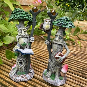 Pu&ograve; includere: Due fantasiose statuette a forma di albero con volti dettagliati, lunghe barbe e chiome frondose. Una tiene un libro, l'altra un bastone con un gufo e un globo di vetro. Le statuette sono dipinte in tonalit&agrave; di verde, marrone e grigio, con accenti di funghi.