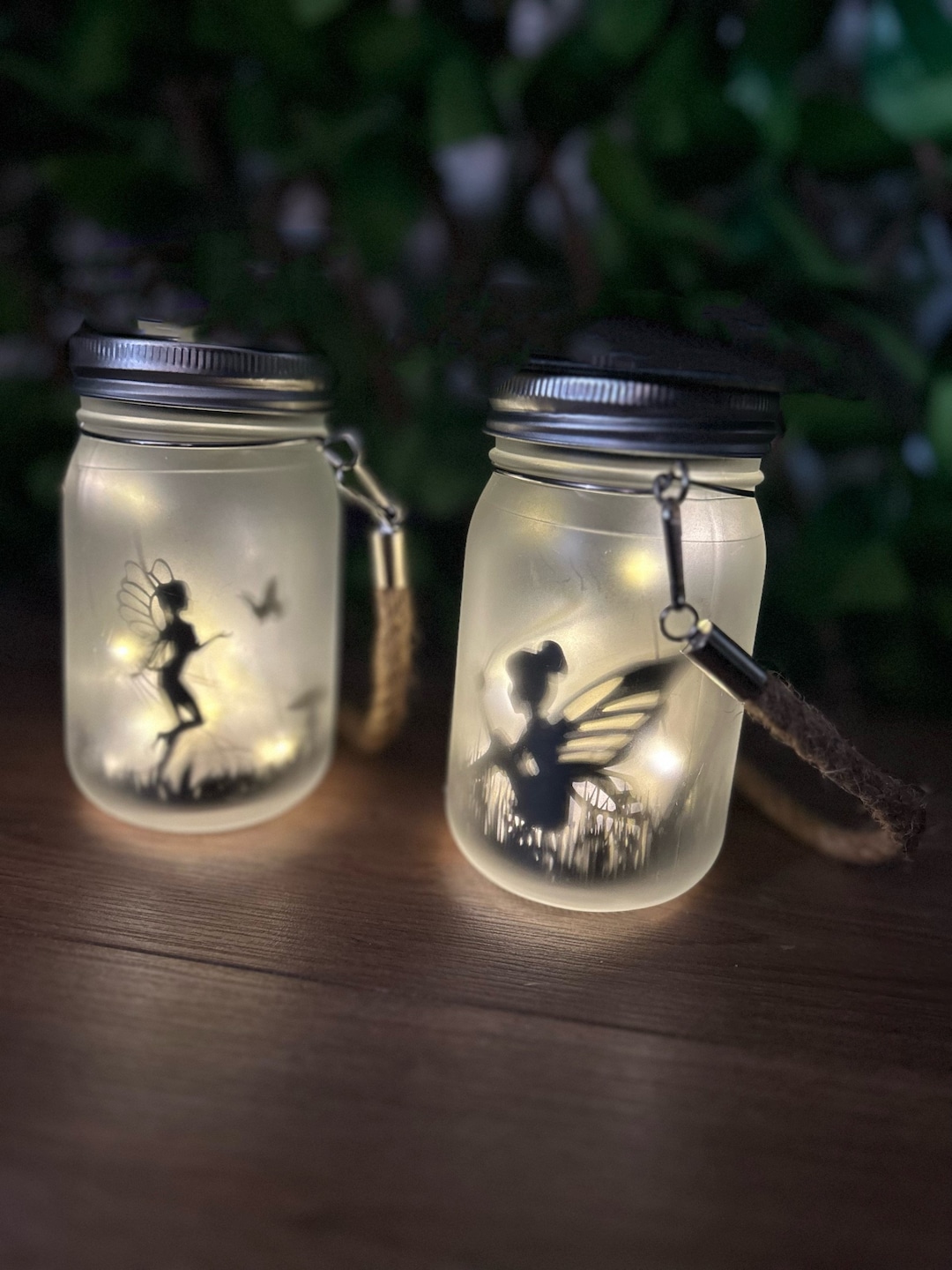 Set of 2 Garden Fairy Lantern Jar Frosted Glass Firefly LED Lights ...
