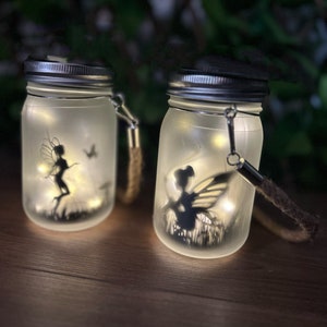 Set of 2 Garden Fairy Lantern Jar Frosted Glass Firefly LED Lights Lighting Hanging Gift Small Gifting