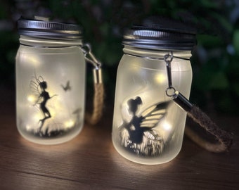 Set of 2 Garden Fairy Lantern Jar Frosted Glass Firefly LED Lights Lighting Hanging Gift Small Gifting