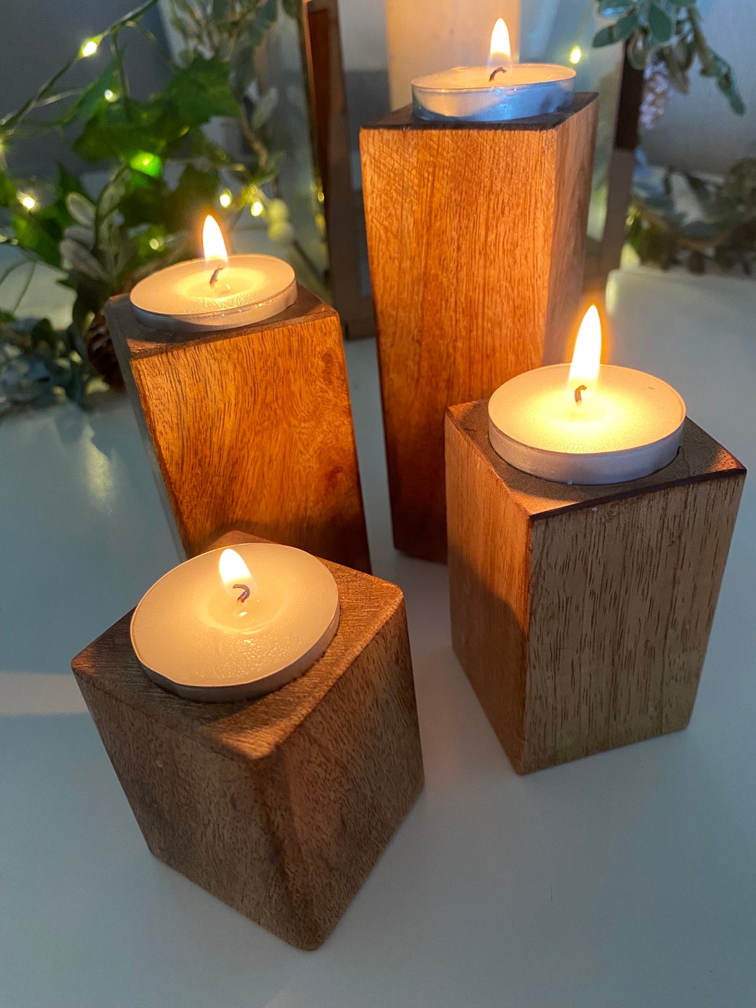 Wooden Set of 4 Candle Holders Home Decor Decoration Tea Light Lighting Solid Wood Candles
