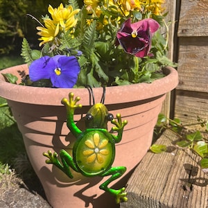 May include: A green metal frog with a yellow flower on its back is hanging on the edge of a terracotta flower pot. The pot is filled with yellow, purple, and red flowers.
