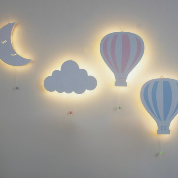 Wooden Moon Night Kids Light Crescent Moon LED Stop Pull Cord Lighting Battery Powered Nursery Baby Lamp Cloud Hot Air Balloon Gift