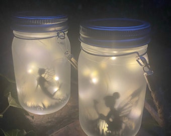 Set of 2 Garden Fairy Lantern Jar Frosted Glass Firefly LED Lights Lighting Hanging Gift Small Gifting