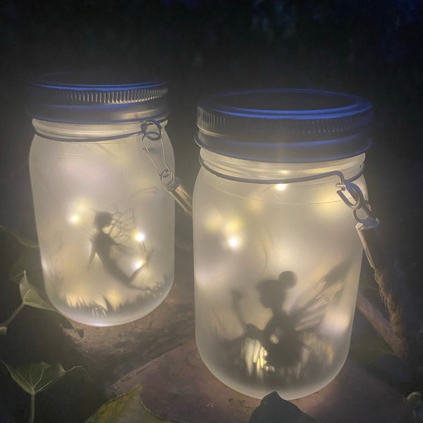Set of 2 Garden Fairy Lantern Jar Frosted Glass Firefly LED Lights Lighting Hanging Gift Small Gifting