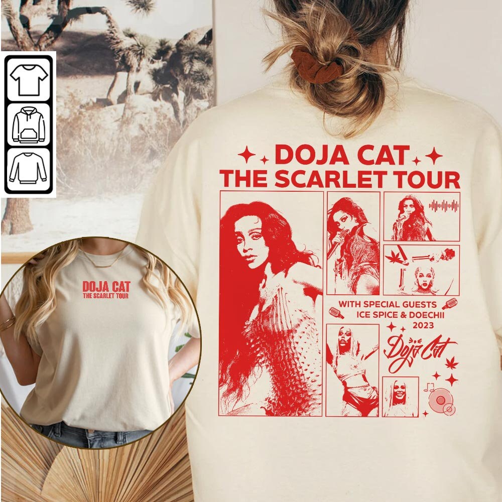 Discover Doja Cat Rap Shirt Double Sided, The Scarlet Tour 2023 Vintage 90s Y2K Style, Ice Spice Doechii 2023 Bootleg Gift For Fan Rap2706VL