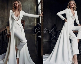 Beach Elegance Boho Wedding Jumpsuits Lace Long Jacket, Appliqued Sweetheart Bridal Pants Suit