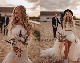 Zweiteilige Brautkleider Mermaid Country Style, einfache Tüll, lange Ärmel Brautkleid für Strandbräute
