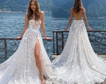 Vestido de novia de playa Corte A con escote corazón, apliques, vestido de novia de flores 3D