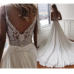 Classic A-line V-Neck Wedding Dress Spaghetti Straps, Open Back, Beading, Draped Luxury image 4