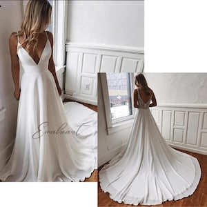 Classic A-line V-Neck Wedding Dress Spaghetti Straps, Open Back, Beading, Draped Luxury image 6