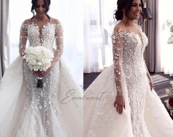 Exquisite Illusion Long Sleeve Wedding Dresses With Luxury Appliques Mermaid Detachable Train Bridal Gowns For Women