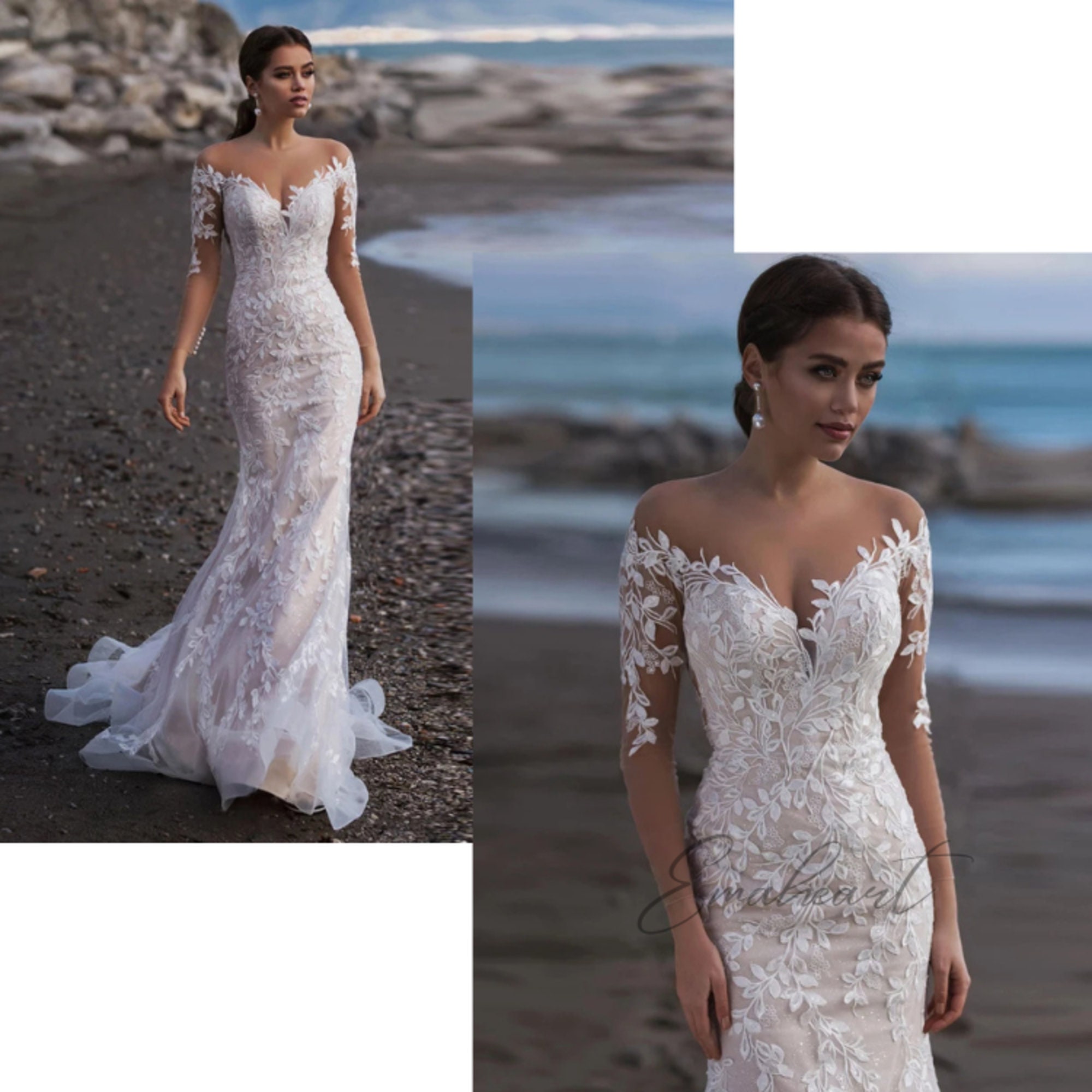 Timeless Beauty Beach Long Sleeves Mermaid Tulle Wedding Dress Elegant ...