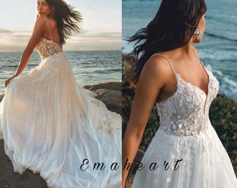 Exquisite Beach Wedding Dress A-Line Spaghetti Straps Chiffon Lace Appliques Backless Sweep Train Gown Perfect for Destination Weddings