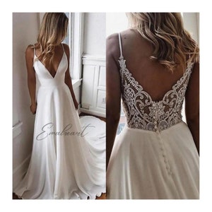 Classic A-line V-Neck Wedding Dress Spaghetti Straps, Open Back, Beading, Draped Luxury image 2