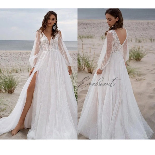 Princess Wedding Dress, Long Sleeve, Tulle Puff Sleeve A-Line Bridal Gown With Side Slit And Deep V-neck