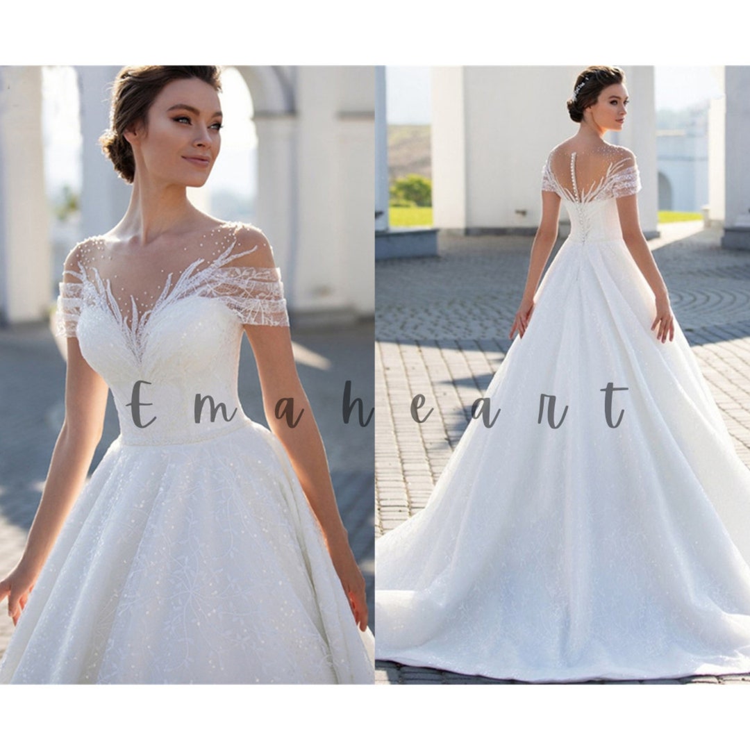 Sparkling Offtheshoulder Wedding Dress Elegant Glitter Lace Aline