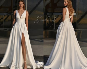 Elegant Floor-Length Gown For Women Satin A-Line Wedding Dress With Side Slit And Pockets