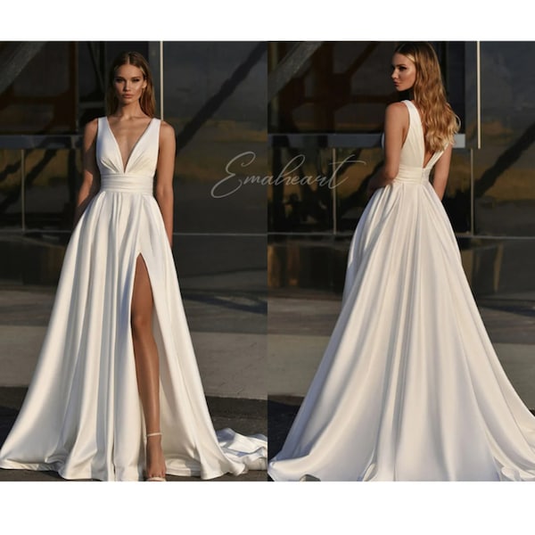 Elegant Floor-Length Gown For Women Satin A-Line Wedding Dress With Side Slit And Pockets