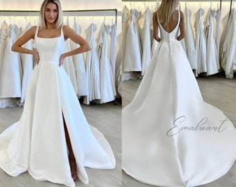 Timeless Elegance A-Line Stunning Wedding Dress With Spaghetti Straps, Square Collar, Satin Fabric, Backless Design, And Side Slit