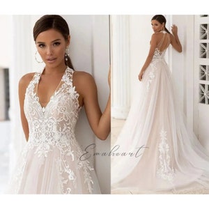 Stunning Halter Wedding Dress Boho A-Line With Lace Appliques, Backless Tulle Bridal Gown