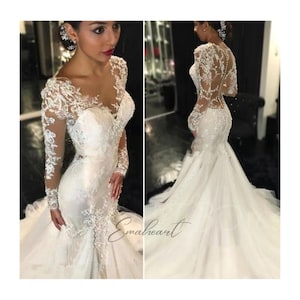 Elegant White Lace Mermaid Wedding Dress Long Sleeves, Slim Fishtail Gown