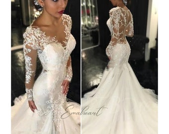 Elegant White Lace Mermaid Wedding Dress Long Sleeves, Slim Fishtail Gown