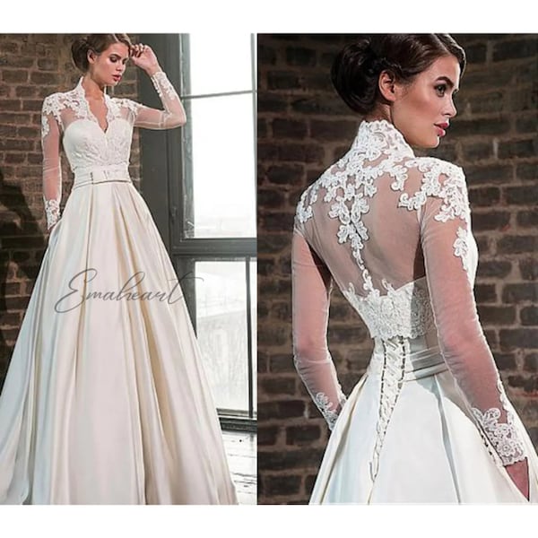Elegante lange Ärmel Spitze Satin Brautkleider mit Taschen Exquisite Braut Kleider
