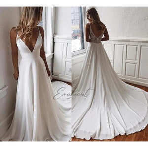 Classic A-line V-Neck Wedding Dress Spaghetti Straps, Open Back, Beading, Draped Luxury image 1