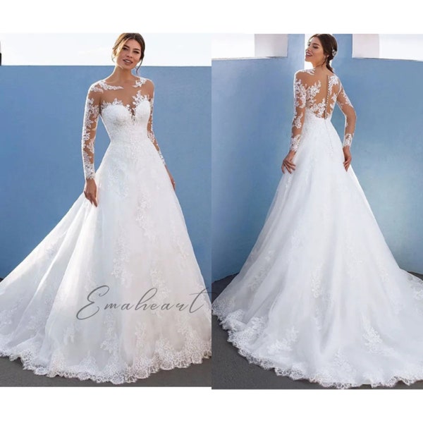 Exquisite Long Sleeve Wedding Dress Sheer Neck A-Line Appliqued Bridal Gown With Covered Buttons And Chapel Train