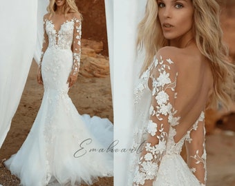 Exquisite Luxury 3D Floral Long Sleeve Mermaid Wedding Dress, Scoop Neck Lace Appliques Bridal Gown