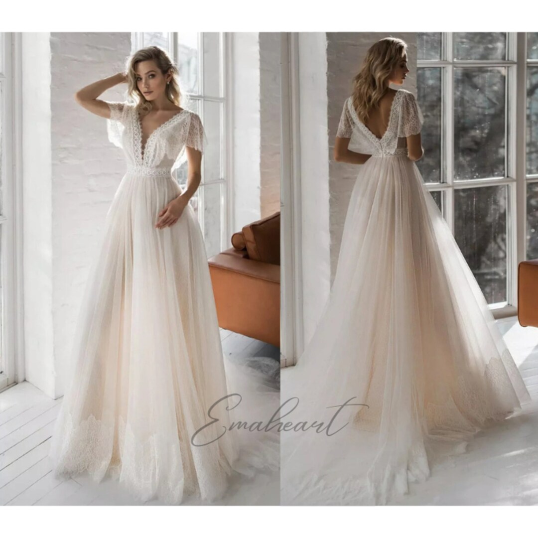 Timeless Elegance A-line V-neck Cap Sleeve Lace Wedding Dress With ...