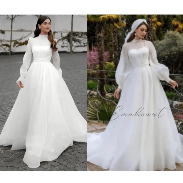 Stunning Tulle Civil Wedding Dress High Neck, Long Sleeves A-Line Bridal Gown