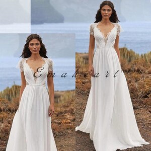 A Line Beaded Chiffon Cap Sleeves Boho Wedding Dresses, Beach Wedding Dress with Pearls UQ2066
