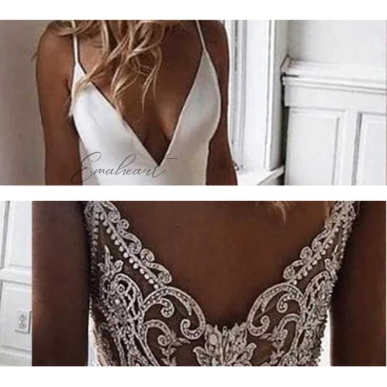 Classic A-line V-Neck Wedding Dress Spaghetti Straps, Open Back, Beading, Draped Luxury image 7