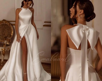 Simple Satin Bridal Gown Elegant Halter Collar, Pearls, Sleeveless Wedding Dress With High Slit, Back Bow, A-Line Silhouette For Women