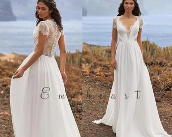 Chiffon Boho Beach Wedding Dress with Scoop Collar Lace Details - Cap Sleeve Bridal Gown