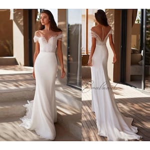 Exquisite Off-Shoulder Mermaid Wedding Dress Chiffon, Pearls And Beaded Details Beach Bridal Gown With Illusion Back Neck