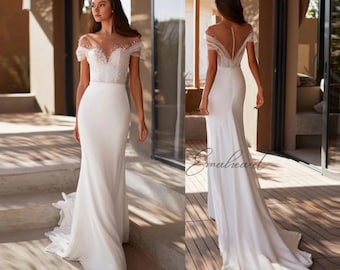 Exquisite Off-Shoulder Mermaid Wedding Dress Chiffon, Pearls And Beaded Details Beach Bridal Gown With Illusion Back Neck