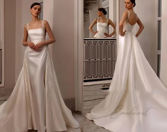 Luxury Satin Mermaid Wedding Dresses With Detachable Train, Beaded, Sequined Straps For Backless Elegance