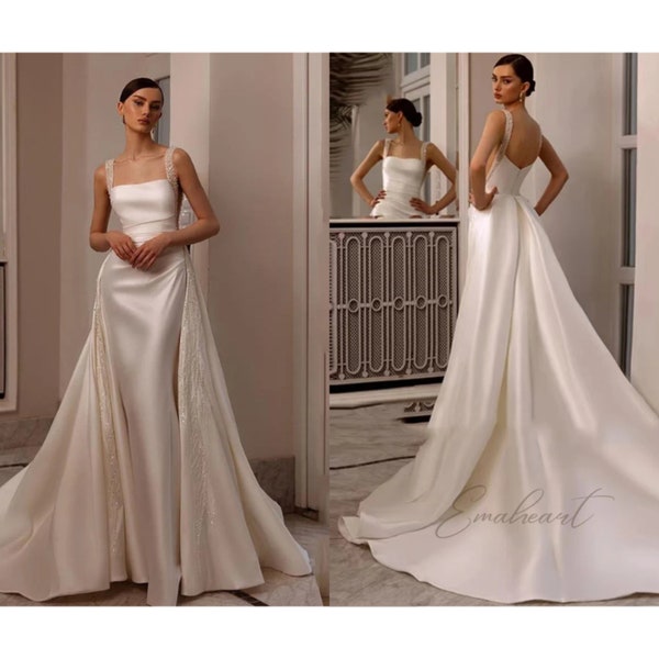 Luxury Satin Mermaid Wedding Dresses With Detachable Train, Beaded, Sequined Straps For Backless Elegance