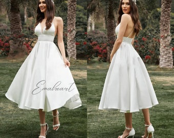 Chic Tea-Length Wedding Dress Spaghetti Strap V-Neck Bridal Gown Backless A-Line Style For Civil Ceremonies