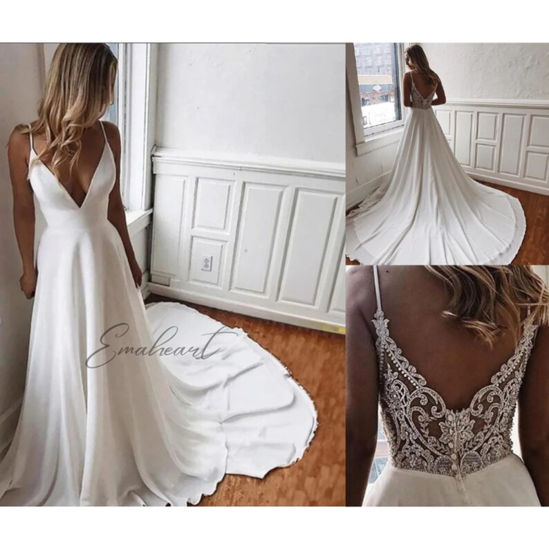 Classic A-line V-Neck Wedding Dress Spaghetti Straps, Open Back, Beading, Draped Luxury image 5